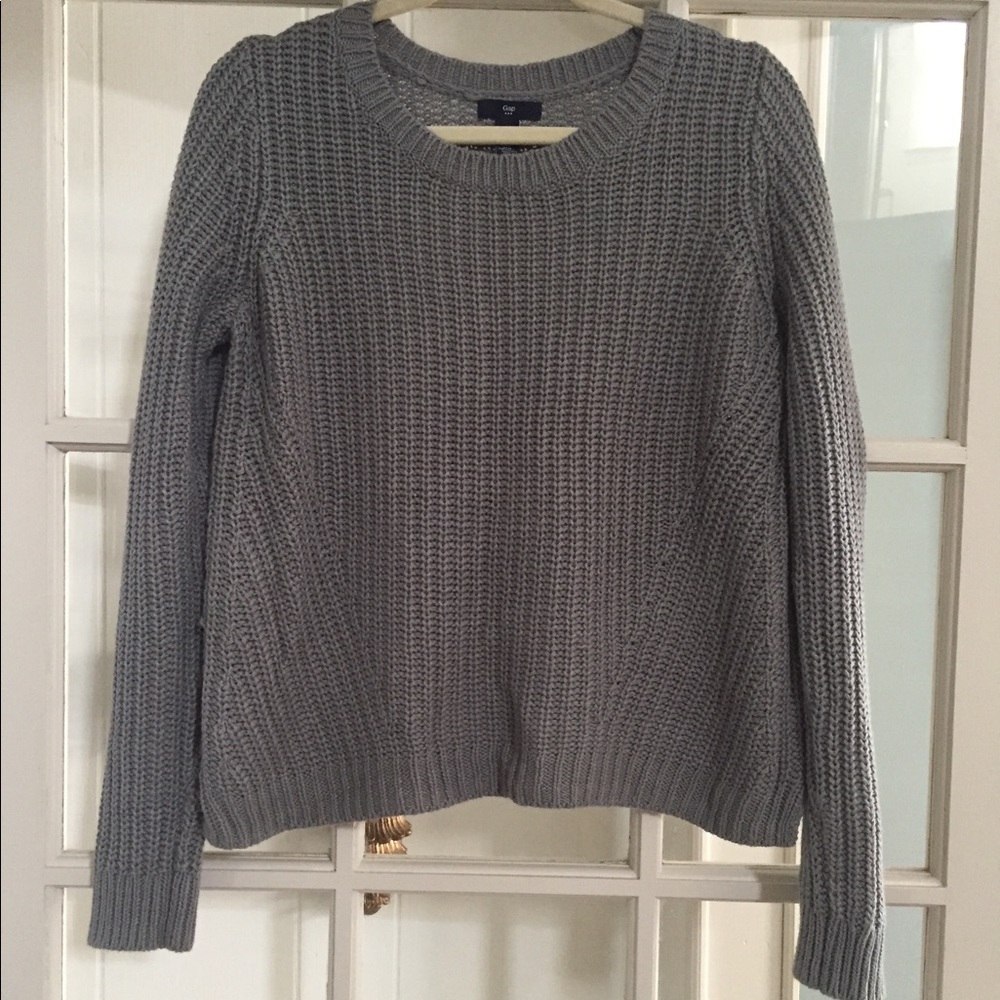 Gap, soft cotton blend crew neck boxy knit sweater, gray/green, medium